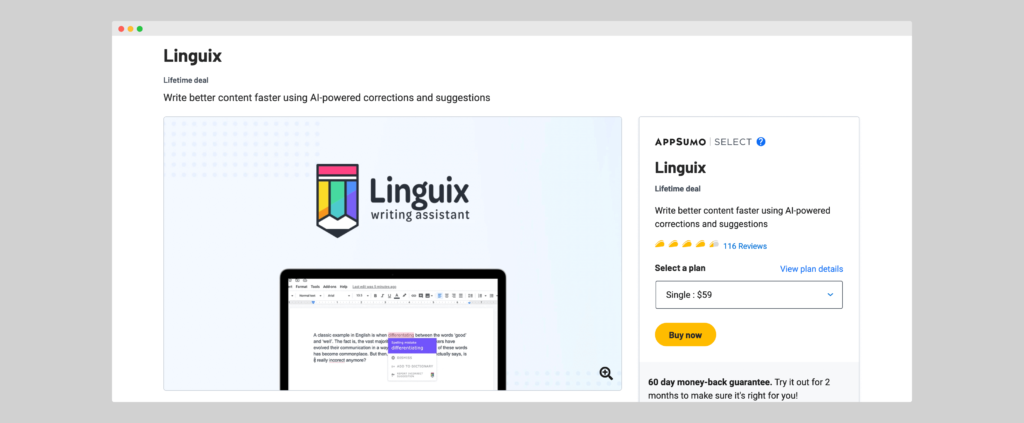 Linguix Life Time Deal on Appsumo (Grammarly Alternative)