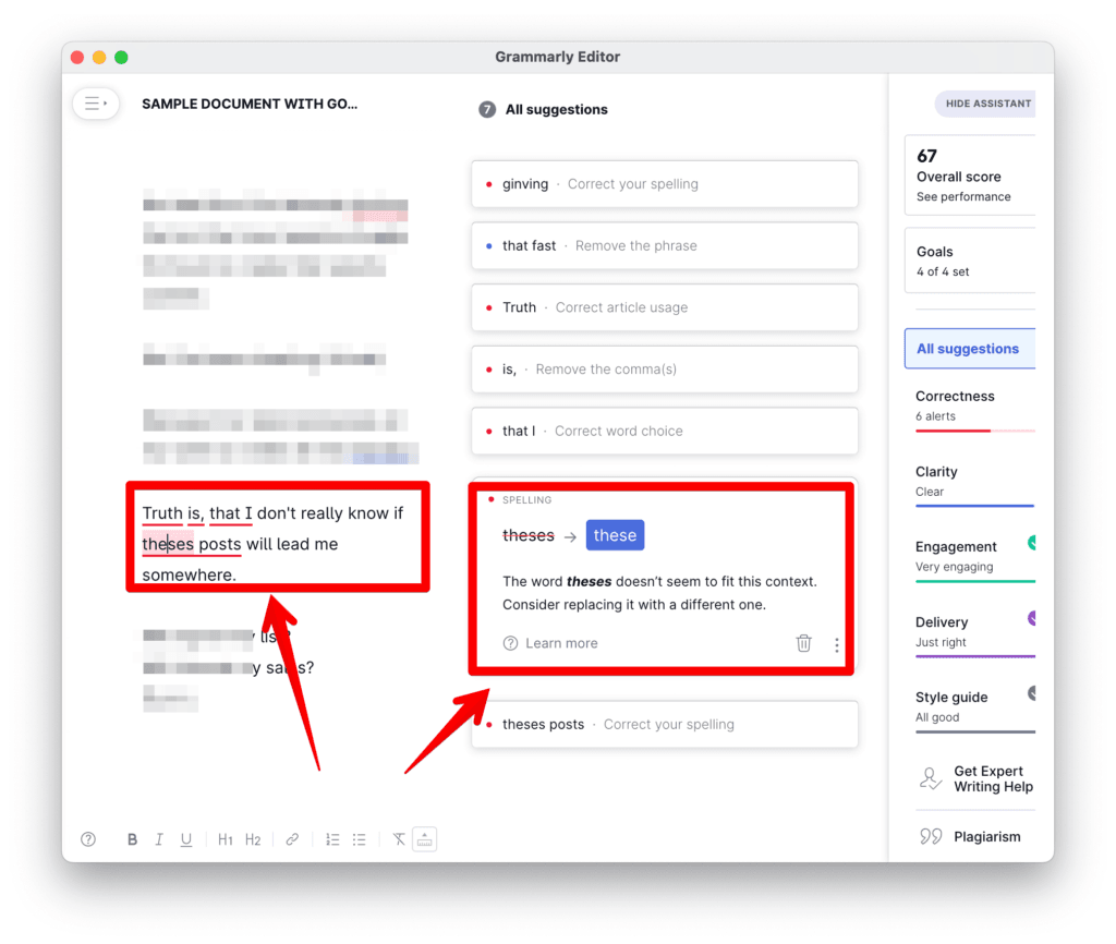 Comparison: how a typo is presented on Grammarly vs Linguix