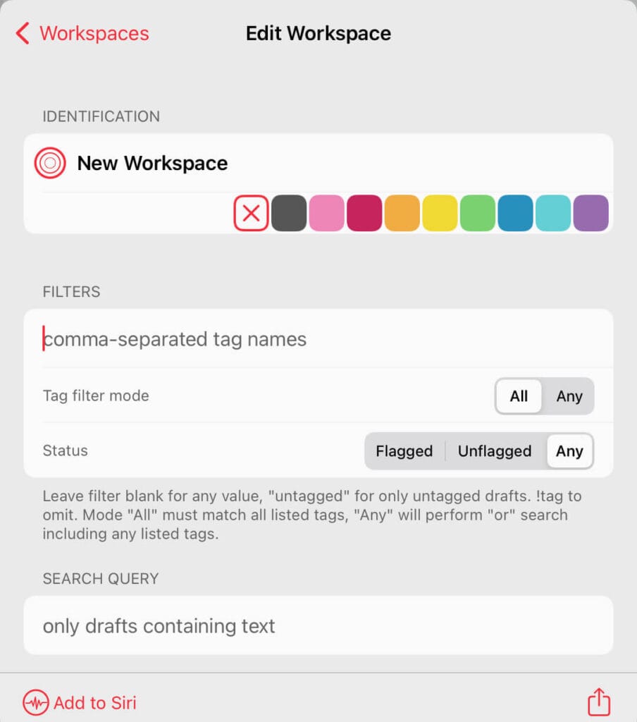 Workspaces in drafts are the equivalent of Apple Notes Smart Folders