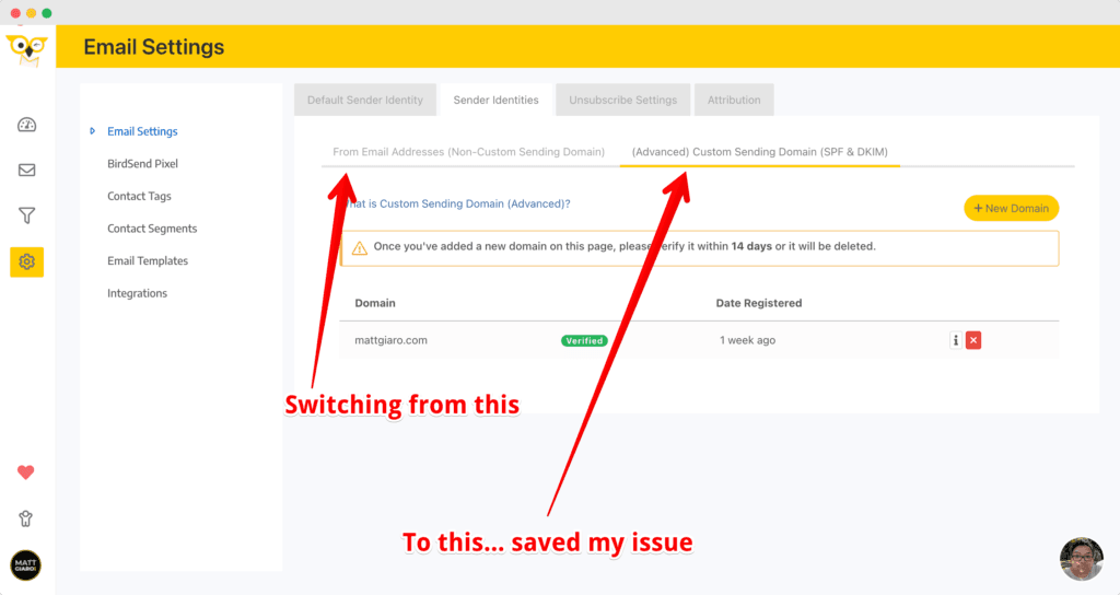 Using custom domains in Birdsend to improve email delivery