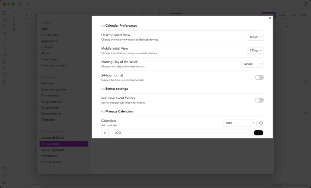 Full Calendar plugin in Obsidian (Options)