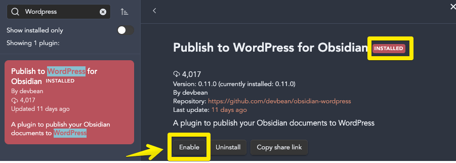 Install Obsidian wordpress plugin 3