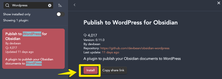 Install Obsidian wordpress plugin 2