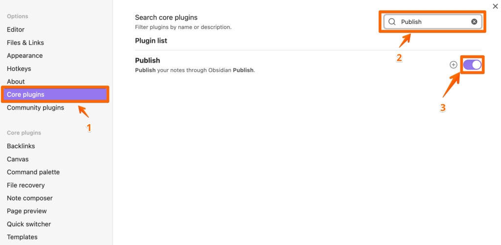 how to activate Obsidian Publish plugin