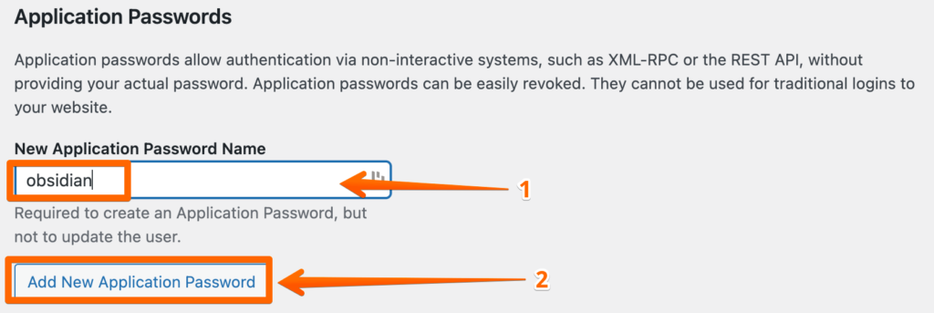 how to create an application password for wordpress obsidian