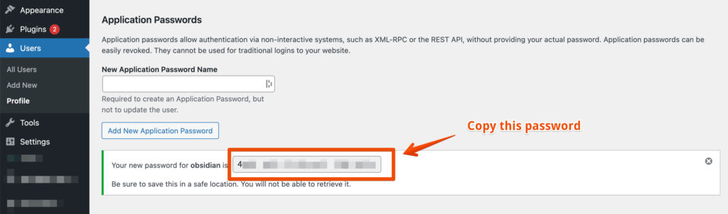 Obsidian WordPress application password