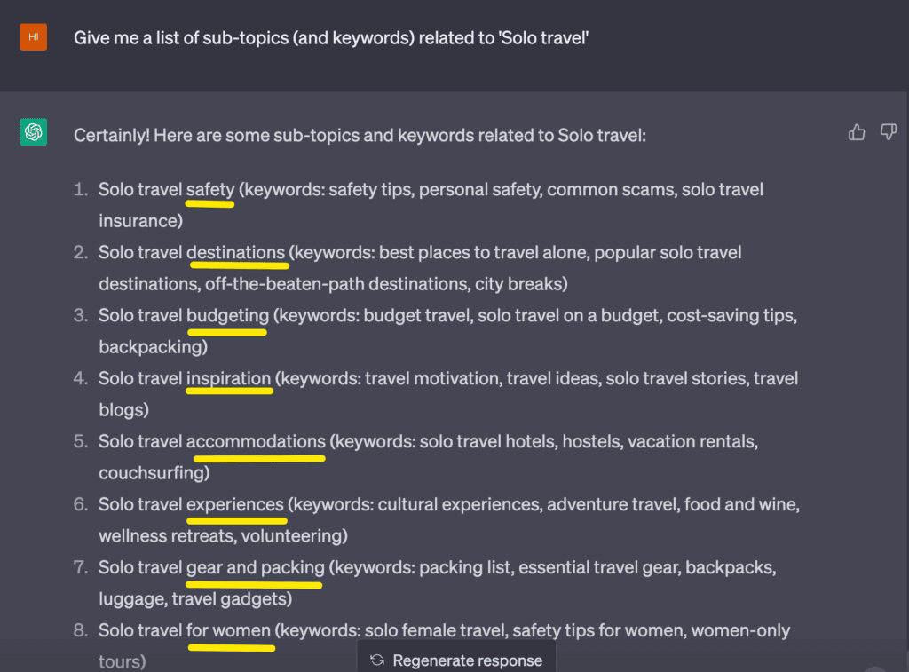 ChatGPT sub-keywords for blog post