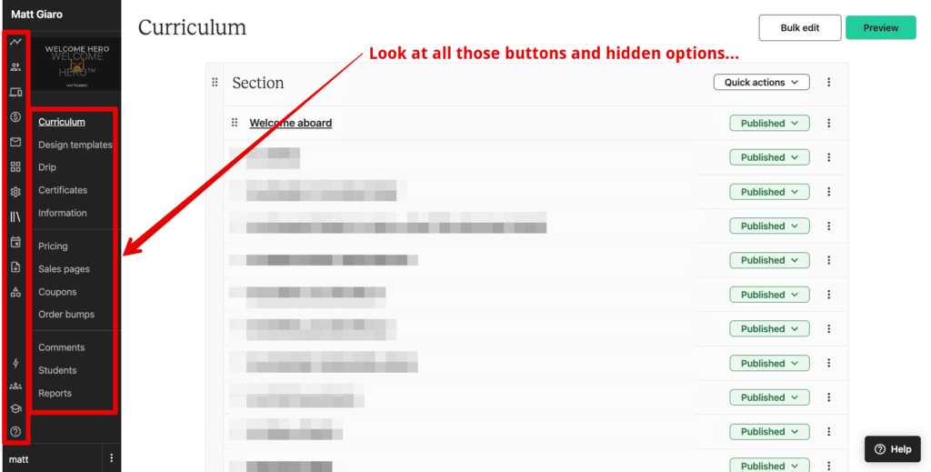 Teachable backend user interface: Way more complicated than Gumroad