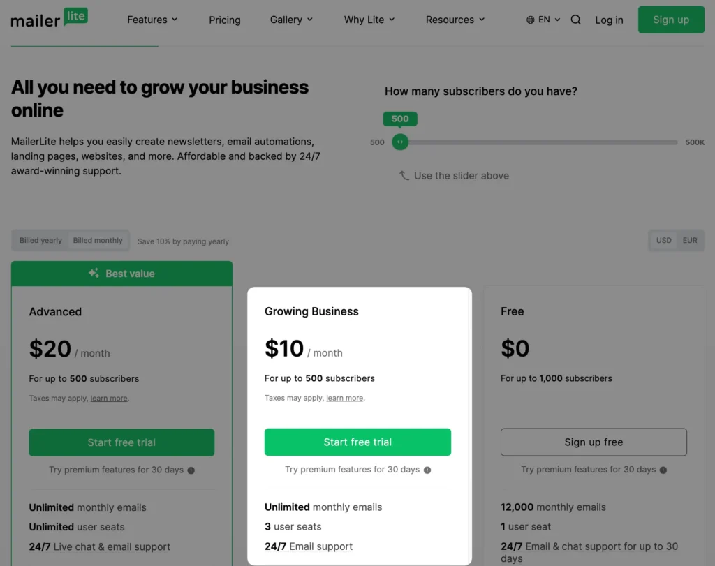 MailerLite monthly and yearly pricing plans