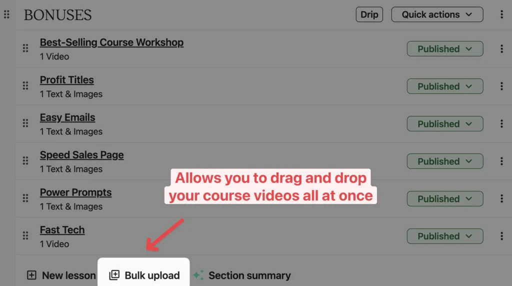 bulk upload lessons teachable